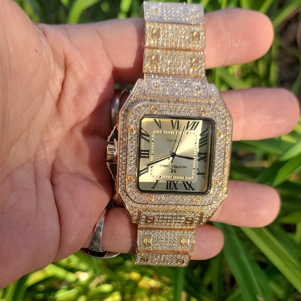 💎 Montres Carlo 45mm Pave Crystal Chunky Quartz Watch Gold Tone Iced Out Bling